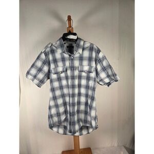 7 Diamonds Mens Blue Plaid Graphic Back Short Sleeve Button Down Shirt Large